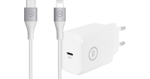 BlueBuilt Power-Delivery-Ladegerät USB-C 30 W Weiß + Lightning-Kabel 1,5 m Nylon Weiß