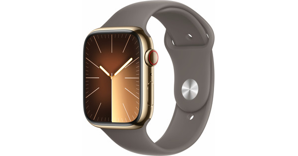 Apple Watch Series 9 4G 45 mm Gold Edelstahl Sportarmband Grau M/L