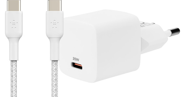 BlueBuilt Power Delivery Charger 20W + Belkin USB-C Cable 1m Nylon White