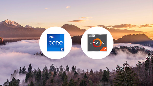 Symbole von Intel Core i7 und AMD Ryzen 7, im Hintergrund eine Gebirgslandschaft.