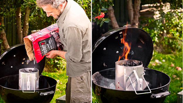 Lighting the barbecue with a briquette starter