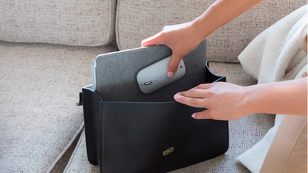 Woman puts a 10-inch laptop in a handbag with a mouse.