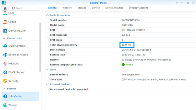 Überprüfe den Arbeitsspeicher im Synology-Info-Center