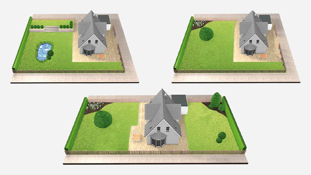 Sketches of gardens with one or more lawn areas