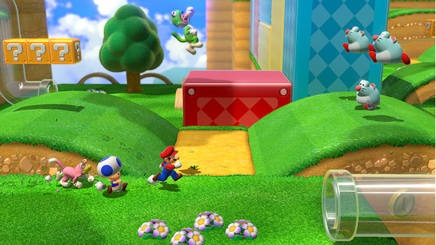 Mario, Toad, and Princess Peach in a pink catsuit run through a Super Mario 3D World level to a glass pipe.