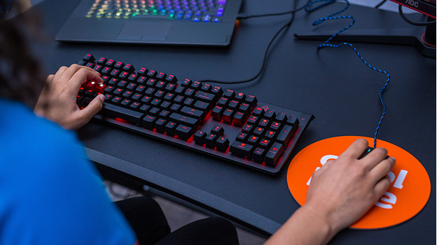 Mädchen nutzt Gaming-Tastatur und -Maus.