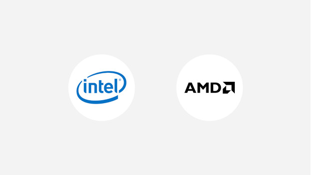 Intel logo and AMD logo.