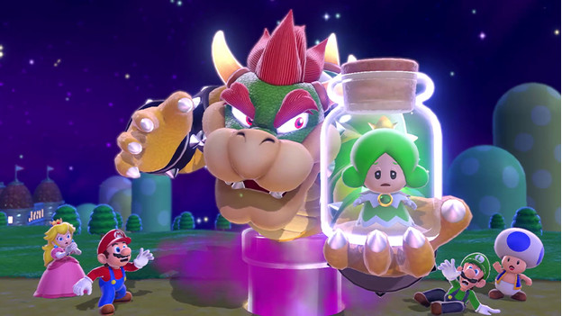 Bowser kidnaps a green Sprixie in Super Mario 3D World. Peach, Mario, Luigi, and Toad are scared.