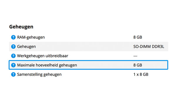 Maximum amount of RAM highlighted on a website.