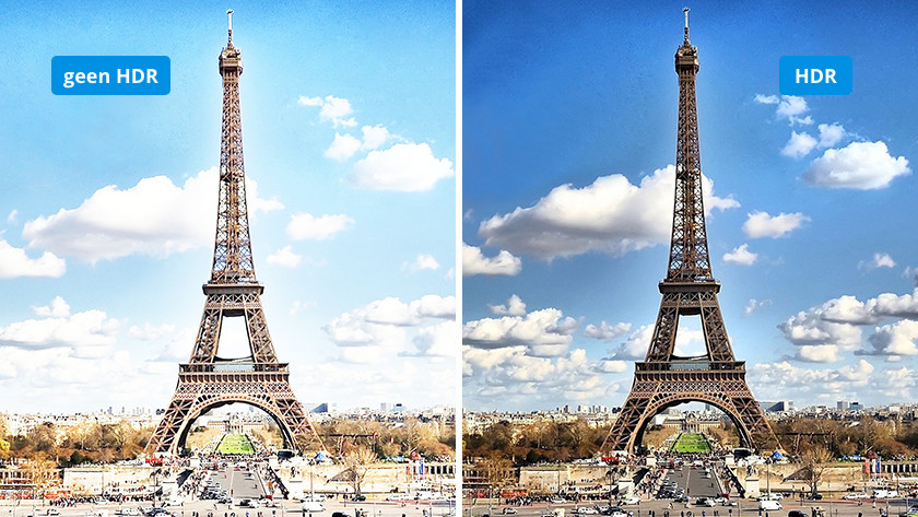 A dull photo of the Eiffel towel without HDR support on the left, and the same photo with HDR support and richer colors on the right