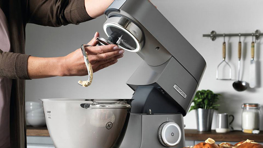 Gray Kenwood stand mixer with dough hook