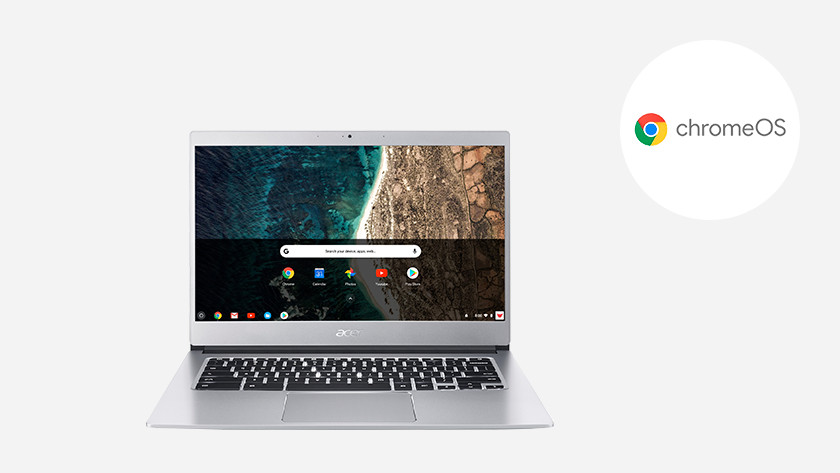 A Chromebook with Chrome OS logo.