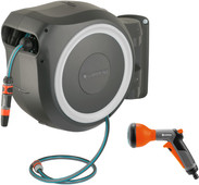 GARDENA Wall Hose Box 35 RollUp XL White + GARDENA Classic Multifunctional Spray Nozzle GARDENA regular garden hose