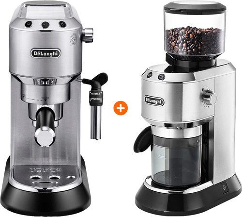 De'Longhi EC685.M Dedica Silver + Coffee Grinder Main Image