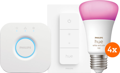 Philips Hue White and Color Starter Pack E27 mit 4 Lampen, Dimmer + Bridge Main Image