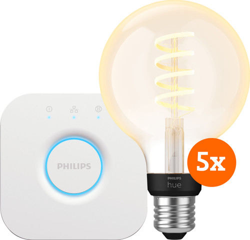 Philips Hue Filament White Ambiance Globe 5-pack + Bridge Main Image