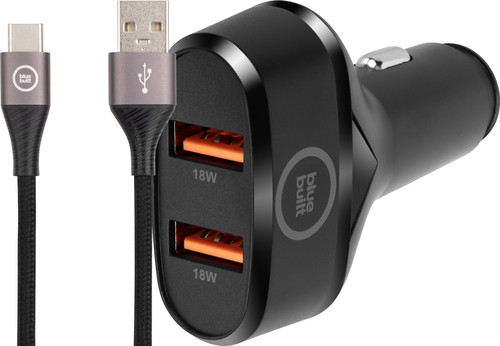 BlueBuilt Quick-Charge-Autoladegerät 18 W Schwarz + USB-C-Kabel 1,5 m Nylon Schwarz Main Image