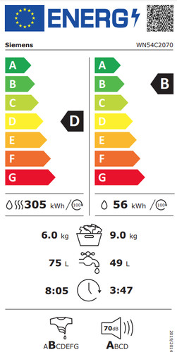 Siemens WN54C2070 - 9/6 kg energielabel