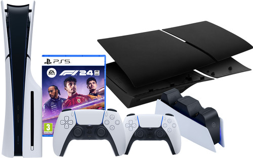 PlayStation 5 Slim Disc Edition + F1 24 + Covers Black + Extra Controller+ Charging Dock Main Image