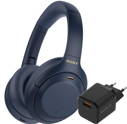 Sony WH-1000XM4 Blue + BlueBuilt Quick Charge Charger with USB-A Port 18W Black Main Image