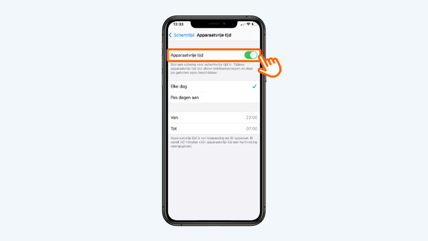 Aktiviere "Auszeit" und die Tage sowie die Start- und Endzeit aus, zu der die "Auszeit" wirksam wird.