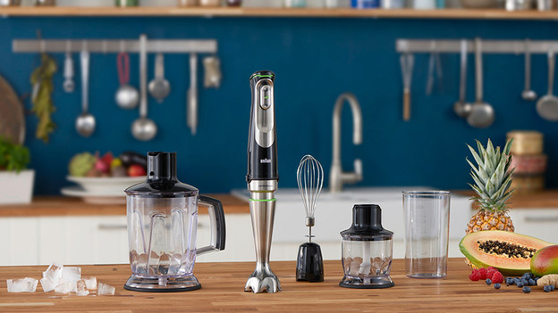 Immersion blenders with food chopper, balloon whisk, and measuring cup
