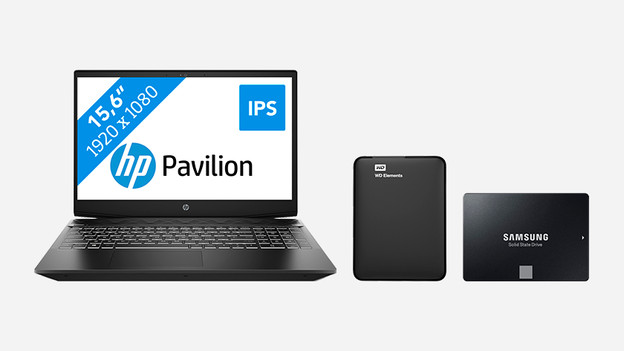 An HP Pavilion laptop with hard drive and SSD.