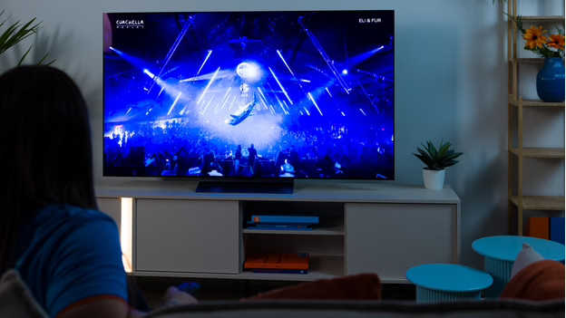 Experte schaut sich ein Konzert auf dem Fernseher an. 