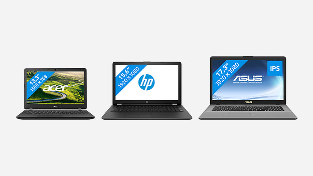 Three laptops in different sizes side by side.