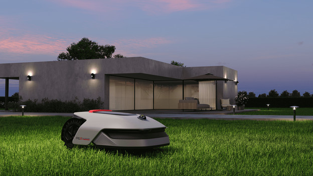 Dreame Mähroboter ohne Begrenzungskabel bei Haus in Garten