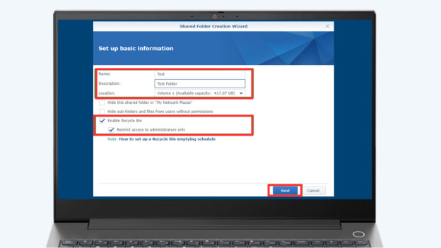 Select the volume in Synology DSM by assigning your shared folder