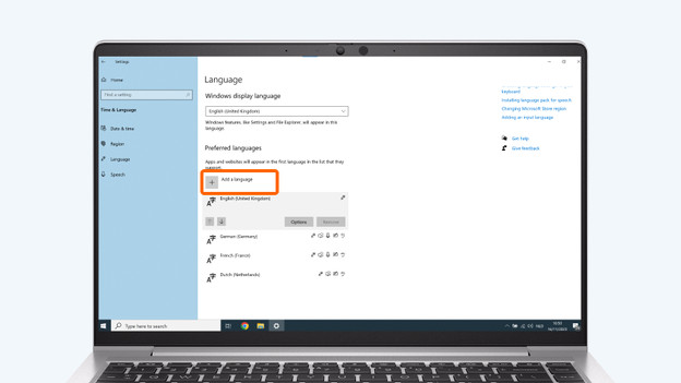 Region and language settings on Windows 10.