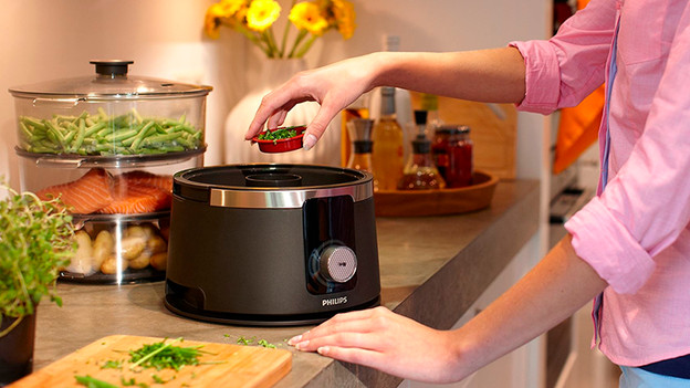 Dampfgarer mit Gemüse, Fisch, Kartoffeln