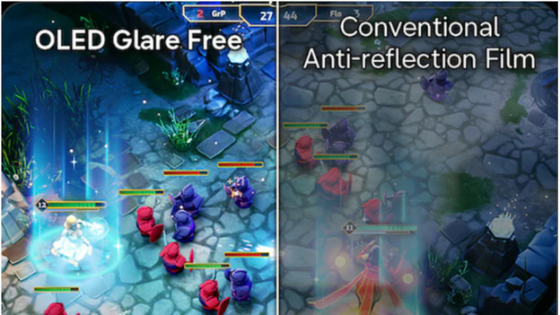 Der Unterschied zwischen einem OLED Glare free Bildschirm und einem Standard Anti-Reflexions-Folie Bildschirm