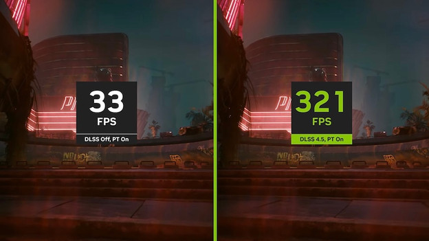 Screenshot des NVIDIA DLSS 4.5 Demo-Videos, auf dem der FPS-Unterschied mit und ohne DLSS zu sehen ist.