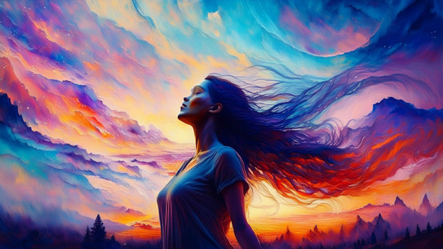 KI-Bild einer Frau in farbenfroher Landschaft