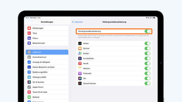 Deaktiviere „Hintergrundaktualisierung“ oder eine bestimmte App.