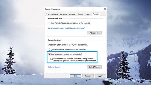 Remote Desktop settings in Windows.