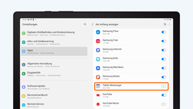Aktiviere das Kontrollkästchen neben „Tablet Messenger“.