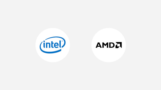 Intel logo and AMD logo.
