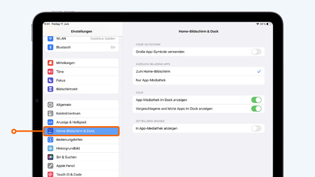 Startbildschirm und Dock