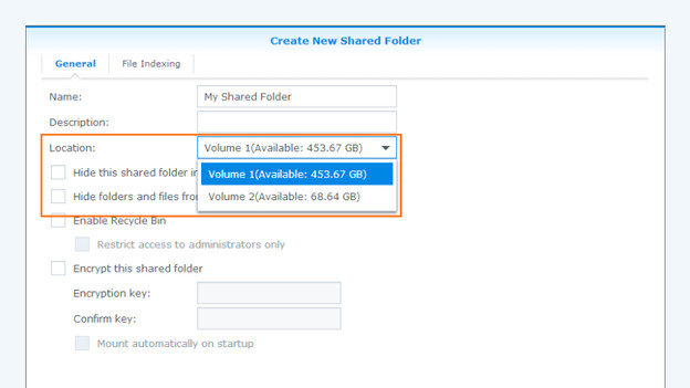 Select the volume in Synology DSM by assigning your shared folder