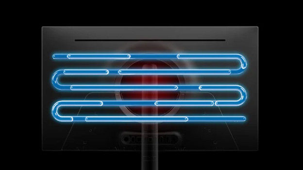 Samsung OLED Safeguard+-Technologie mit blauen, leuchtenden Kühlkanälen hinter einem Bildschirm, die die Wärmeableitung sichtbar machen.