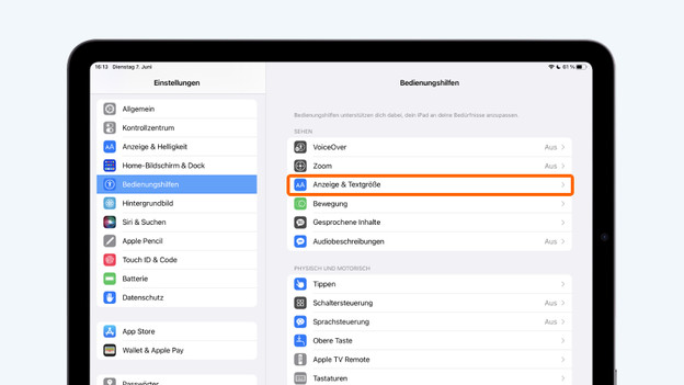 Tippe auf „Barrierefreiheit“ > „Darstellung & Textgröße“.