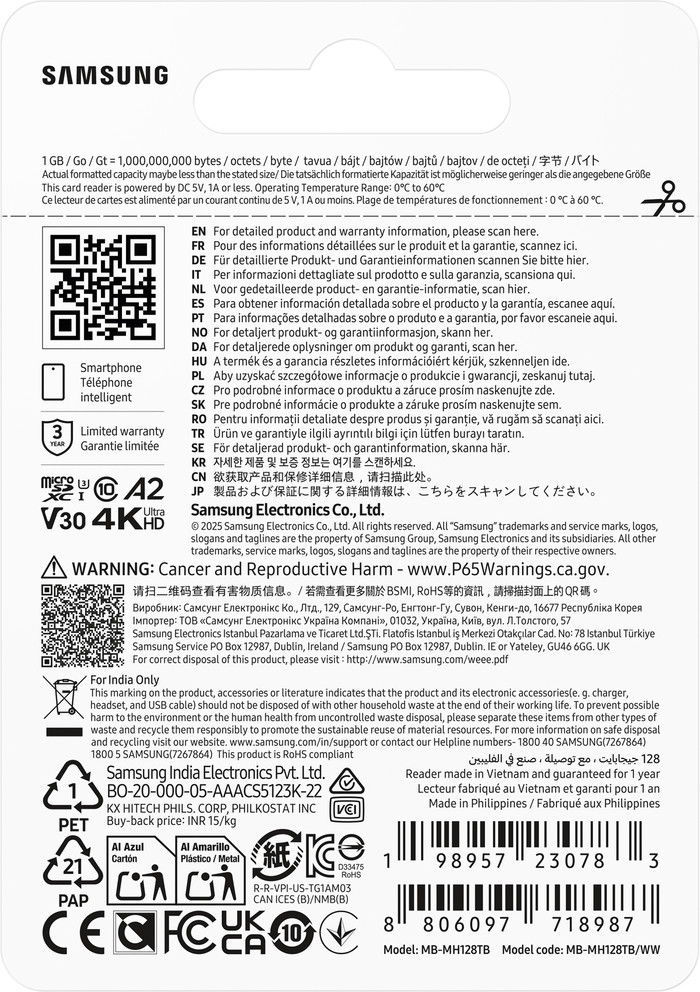 Samsung microSDXC T9 128GB 200 MB/s + USB-Lesegerät verpackung
