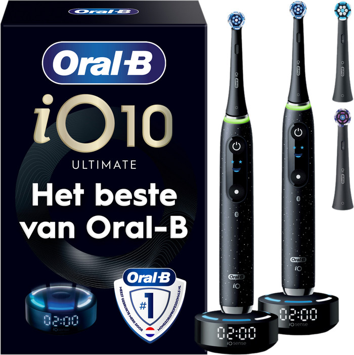 Oral-B iO 10 Schwarz und Schwarz Doppelpack + 4 Aufsteckbürsten verpackung