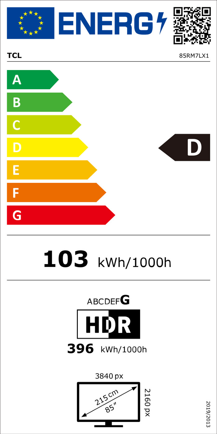 TCL RGB Mini-LED 85 inches RM7L (2026) energy label