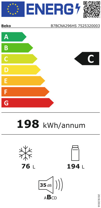 Beko B7BCNA296HS HarvestFresh energy label