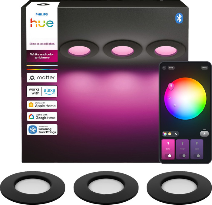 Philips Hue Recessed Spot Light Slim 3-pack - White and Color - 90mm - Black Main Image