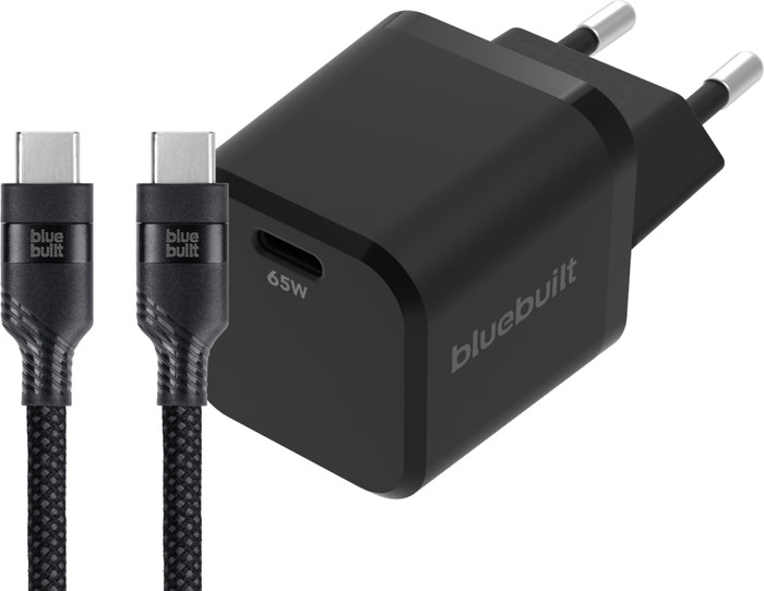 BlueBuilt 65 W GaN USB-C-Ladegerät Schwarz + USB-C-Kabel 240 W 2 m Nylon Schwarz Main Image